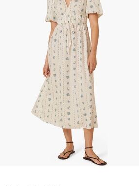 Cream Floral Midi Dress with Tie-Waist